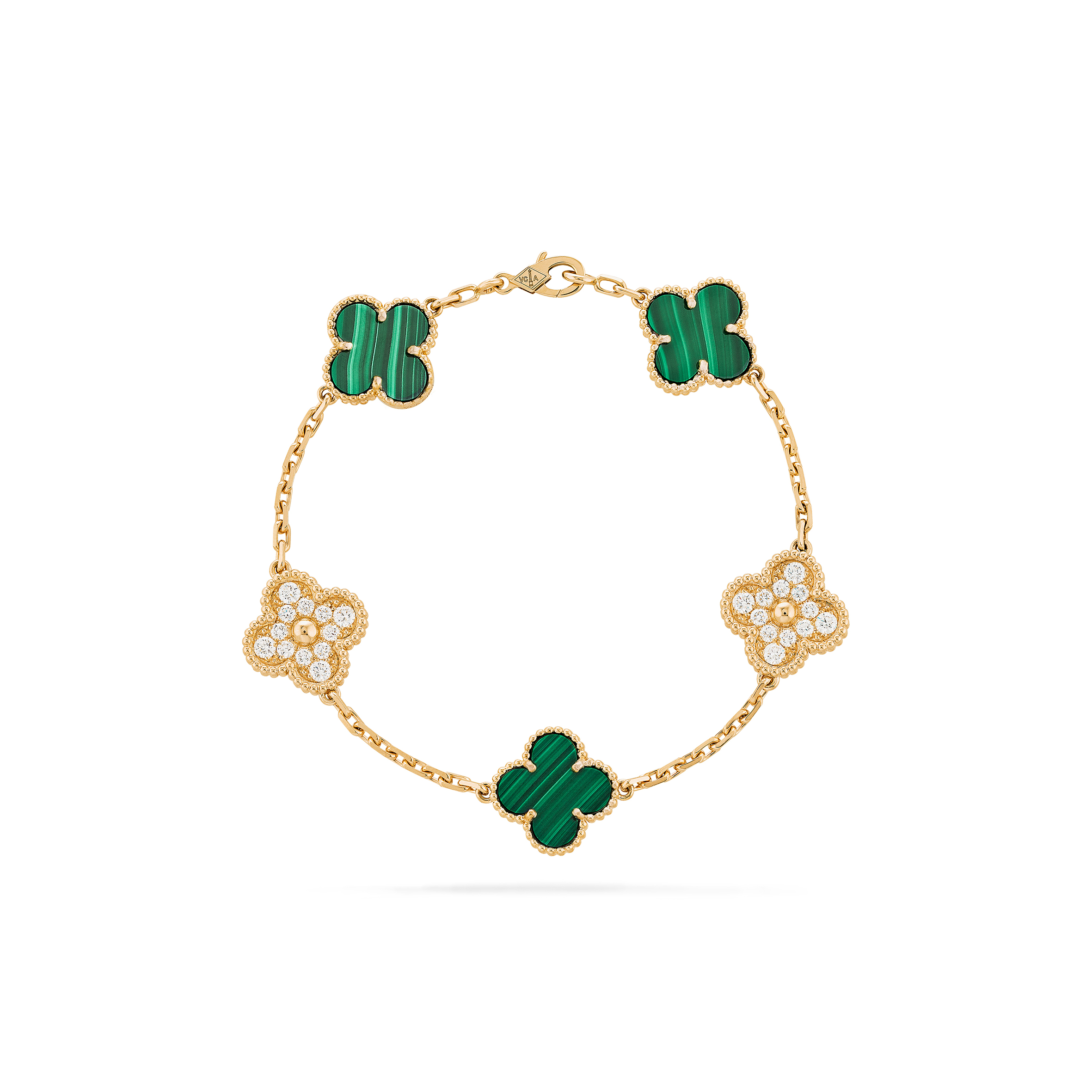 VAN CLEEF ARPELS VINTAGE ALHAMBRA BRACELET, 5 MOTIFS - YELLOW GOLD, DIAMOND, MALACHITE VCARO7GQ00 VAN CLEEF ARPELS VINTAGE ALHAMBRA BRACELET, 5 MOTIFS - YELLOW GOLD, DIAMOND, MALACHITE VCARO7GQ00